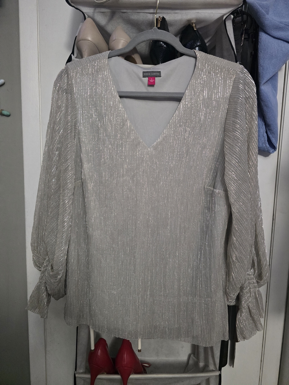 Vince Camuto Silver-Tone V-Neck Metallic Blouse